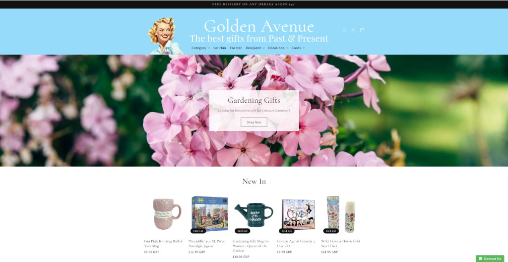 Golden Avenue Shopify homepage with vintage branding and gardening gifts hero