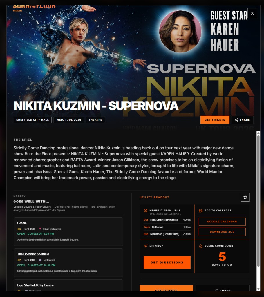Sheffield Scene desktop event detail page for Nikita Kuzmin Supernova