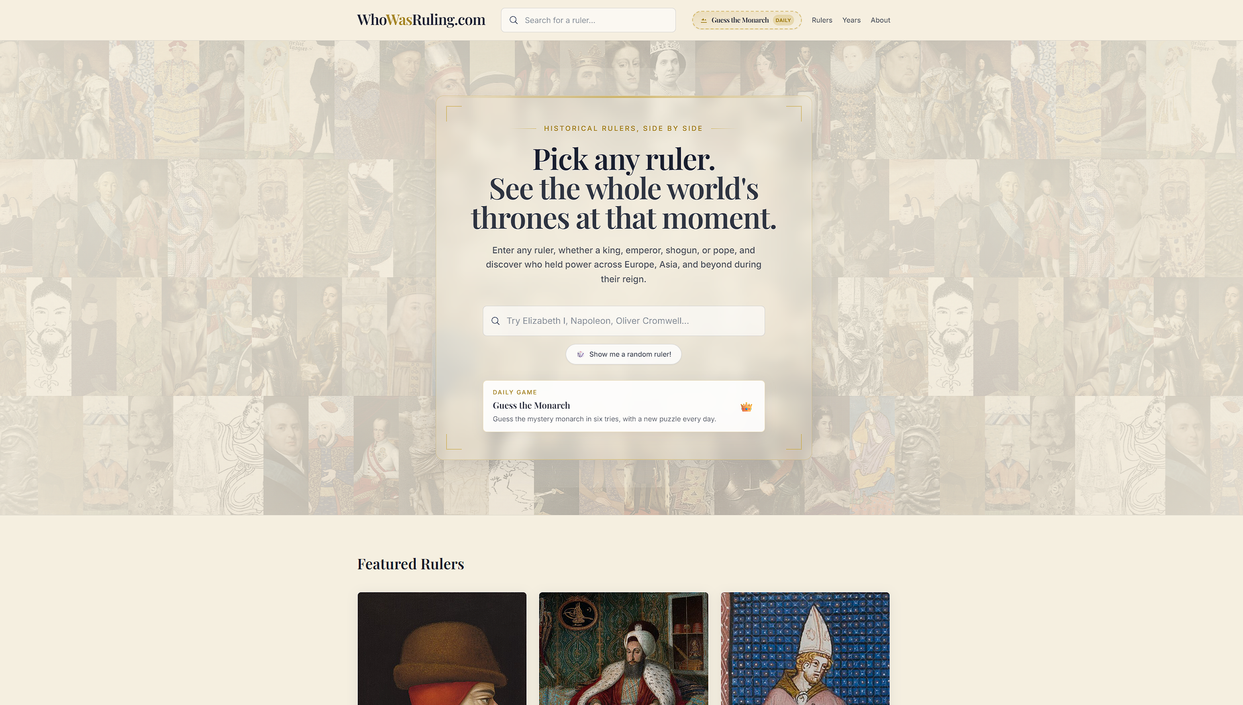WhoWasRuling.com homepage with ruler search and portrait collage background