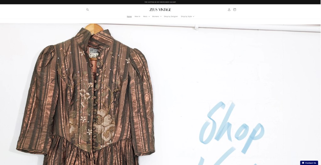 Zeus Vintage Shopify homepage with minimalist layout and vintage dress photography